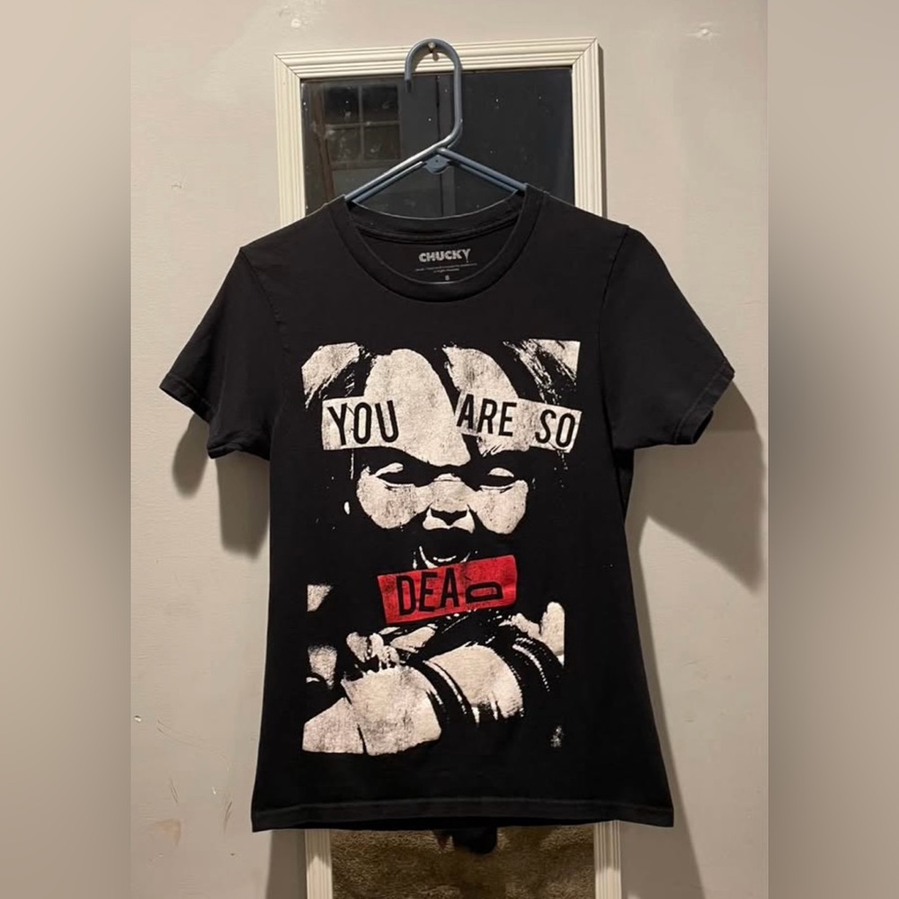 Chucky Black T-Shirt with Graphic Design in Good Condition. Adult Size Small. $6
